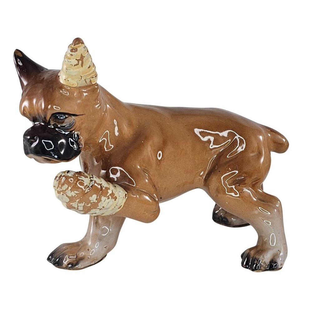 Vintage Ceramic Boxer Dog Figurine Injured Sad Puppy *Chipped*